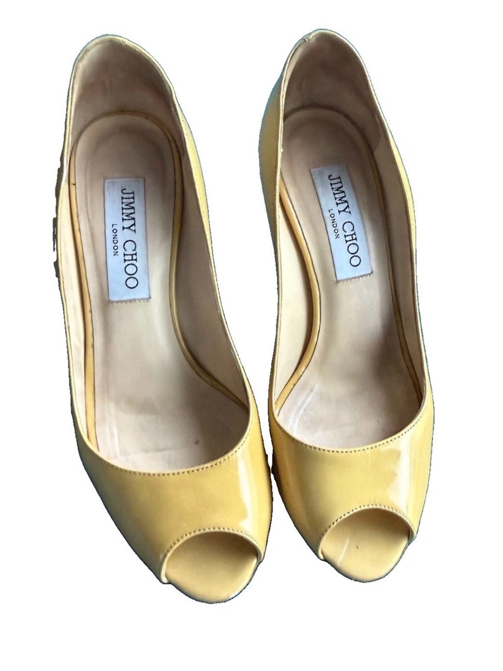 Jimmy Choo Yellow Patent Peep-Toe Pumps size 35 look at the picture